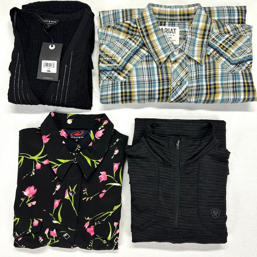 (4) Western Tops Size M Lucky Brand ~ Ariat Pearl Snap ~ Roper ~ Ariat Tek 1/4